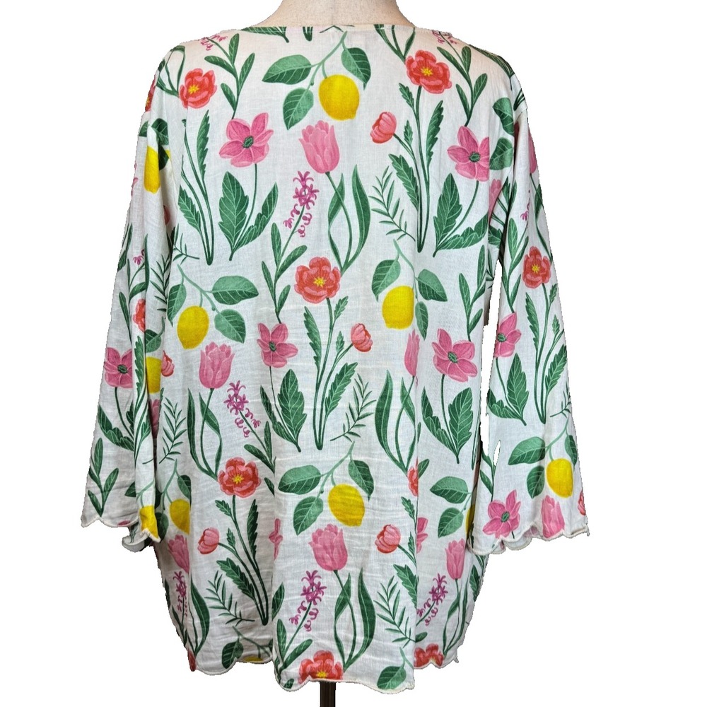 Rachel Zoe Linen Blend Lemon Floral Tunic Top 3X Tie Front Scallop Hem - Picture 7 of 12